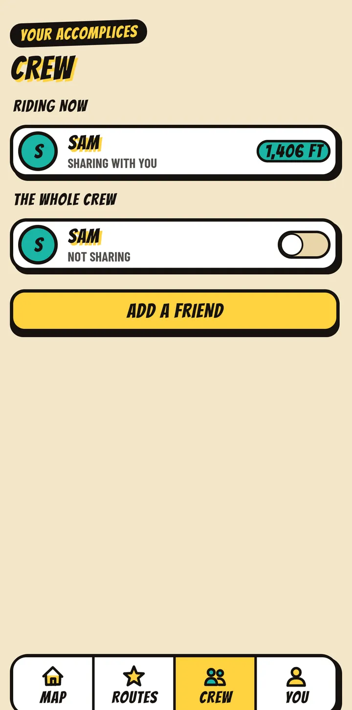 The Crew tab with a riding partner shown as riding now and how far away they are