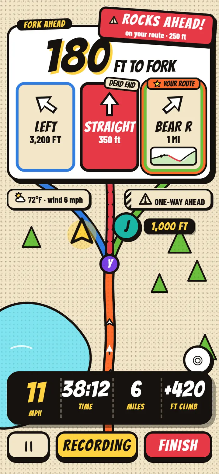 Design of the ride screen: a fork card with each way on, color-coded by difficulty, over the drawn map